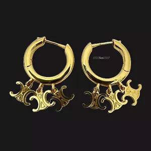 CELINE Earrings AUTH Triomphe logo Chain Rare Vintage Gold Hoop Swing Circle ken - Picture 1 of 14