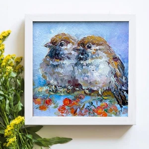Couple  Sparrows Original oil artwork small painting Bird art framed 4x4in so - Picture 1 of 8