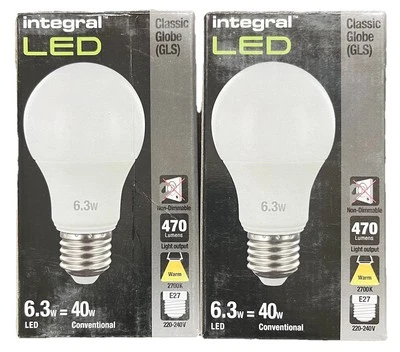2 Pack Of Integral LED 6.3W=40W Classic Bulbs E27 Screw 240v 2700k Warm New - Image 1 of 4