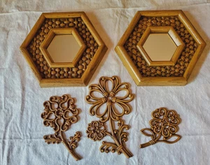 Vintage 1978 Homco Wand Blumen Dekor 3 Stck. #7560 2ea sechsseitiger Kunst Rattan Spiegel - Bild 1 von 6