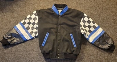 1990s Vintage Medium Burk's Bay Wool Checkered Flag Racing Varsity Bomber Jacket - Image 1 of 4
