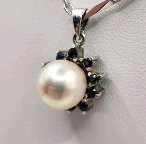 18k White Gold Sapphire Pearl Pendant - Picture 1 of 6