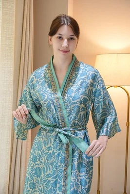Pure Silk Midi Kimono Robe Knee Length Gown Silk Kimono Robe White PS MKMO2163 - Image 1 of 4