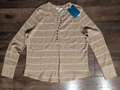 Camisa Henley Market & Spruce Para Mujer Tejida Gofre Tostada y Beige Rayas Talla L ¡NUEVA CON ETIQUETAS! Foto 1 de 4