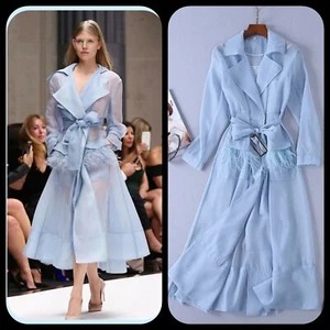Elegant Baby Blue w/Applique Pockets Chiffon Belted Trench Coat L - Picture 1 of 12