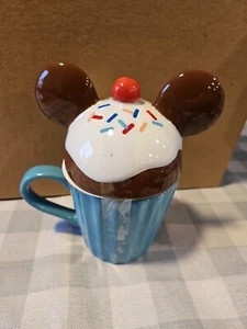 New Disney Parks Mickey Mouse Cupcake Ceramic 8oz Coffee Mug w/ Ear Lid Top - Picture 1 of 4