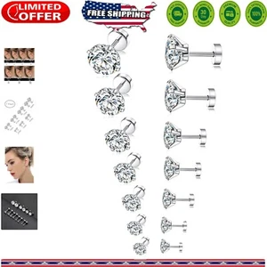 7 Pairs Stainless Steel Stud Earrings Set - 2MM to 8MM Cubic Zirconia Sparkle - Picture 1 of 9
