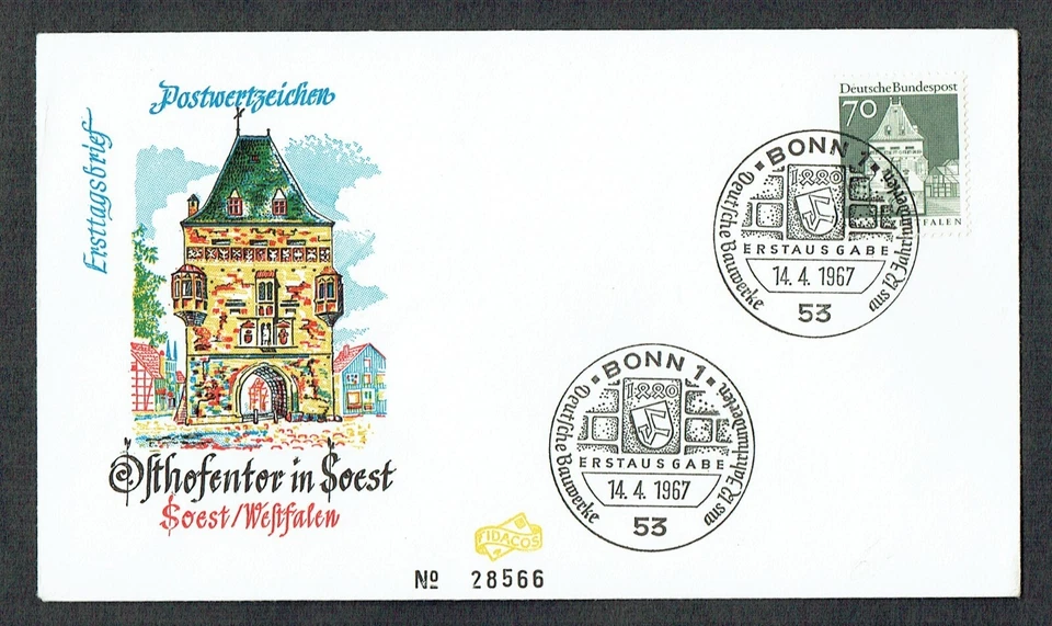 1967 GERMANY FDC.  12th CENTURY SMALL BUILDINGS.  SOEST. BONN PMK. VERY FINE. - Image 1 of 1