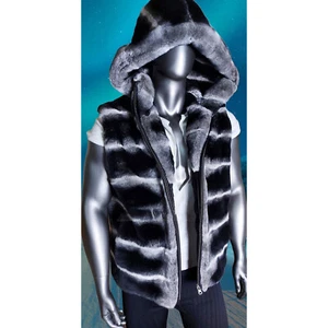 Men Genuine Fur Chinchilla Vest Real Rex Rabbit Full Fur Gilet Hooded Waistcoat - Picture 1 of 9