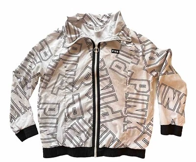 Chaqueta deportiva Victoria's Secret ROSA negra blanca AOP cremallera completa XS defectos Foto 1 de 4