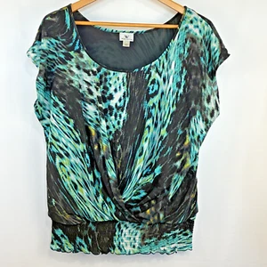 WORTHINGTON Lg Women's Top Blouse Black Teal Animal Print Stretch Waist - Picture 1 of 7