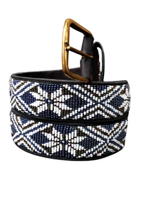 Cinturón de cuero con cuentas floral blanco hecho a mano Masai africano nativo occidental 32-46" - Imagen 1 de 15