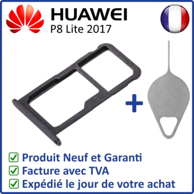 TIROIR SUPPORT CARTE DOUBLE SIM MICROSD DU HUAWEI P8 LITE 2017 NOIR + OUTIL - Photo 1/4