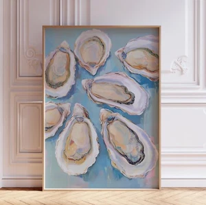 Blue and White Beachy Summer Coastal Oyster Shell Wall Art Print - Picture 1 of 6