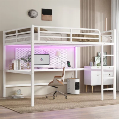 Queen Size Metal Loft Bed with Desk,Power Outlet &LED Lighted,Space-Saving,White - Image 1 of 4