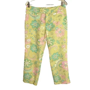 Pantalones Sigrid Olsen Talla 4 Todo Lino Patrón Floral Verdes Rosas y Amarillos - Imagen 1 de 6