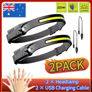 Headlamp COB LED 2PACK Rechargeable Headlight Torch Work Light Bar Head Band UJQ - Picture 1 of 17