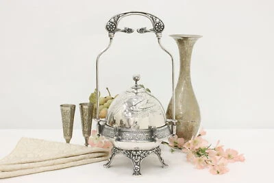 Prato de manteiga antigo vitoriano placa de prata tampa elevatória, Rogers #46687 - Imagem 1 de 4