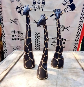 3 Tall Hand-Carved Wooden Giraffe Statue Set Decor Standalone Safari Sculptures  - Picture 1 of 12