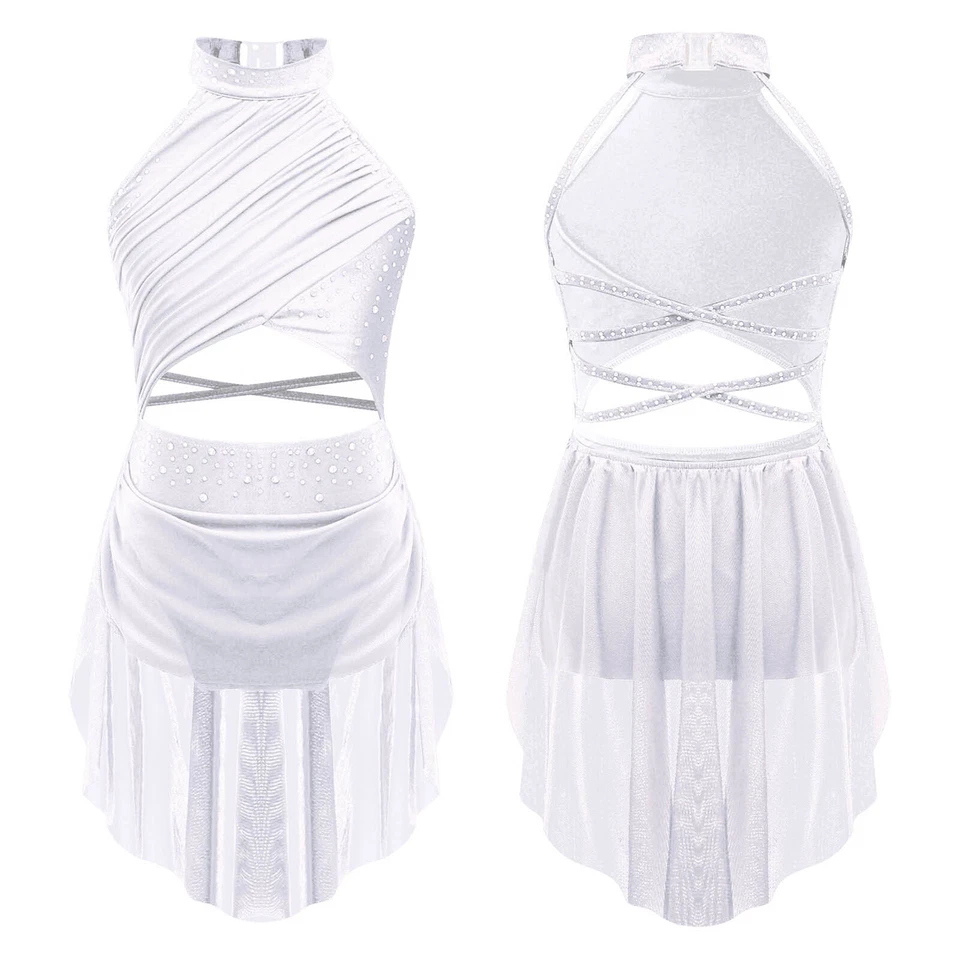 Kids Dance Competition Dress Class Leotard Mock Neck Lyrical School Girls Mesh - Image 1 of 1