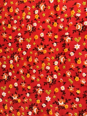 Vintage 70's red cotton calico fabric ditsy floral hippie Feedsack 3yds X 42" - Image 1 of 4