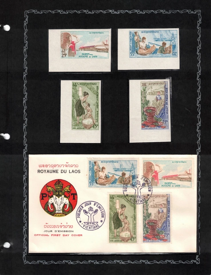 1965 Laos Scott 104-7 Imperf Mint MNH Set on Album Page with FDC - Image 1 of 1