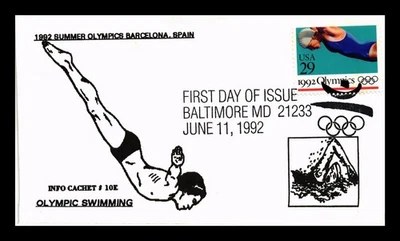 DR JIM STAMPS US COVER SUMMER OLYMPICS BARCELONA SWIMMING FDC INFO CACHET - Image 1 of 2