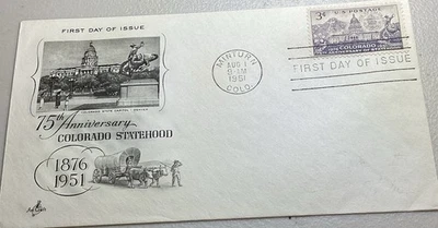 1951 US First Day Cover (FDC) Colorado Statehood 75th Anniversary Art Craft 3c - Image 1 of 2