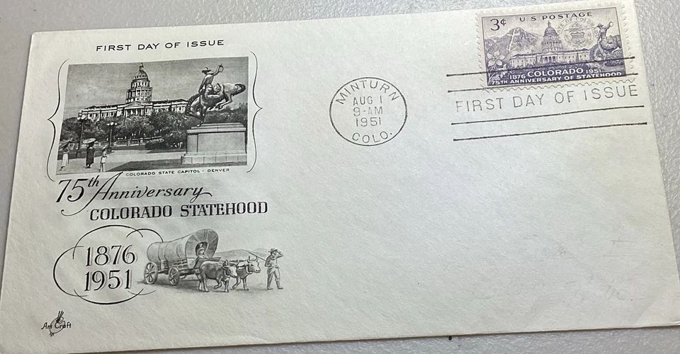 1951 US First Day Cover (FDC) Colorado Statehood 75th Anniversary Art Craft 3c - Image 1 of 2