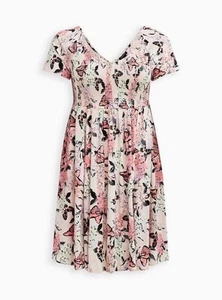 Abito skater Torrid taglia 2X rosa farfalle in fiori mini challis smocked - Foto 1 di 9