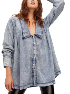 Free People Charlie Denim Pearl Snap Shirt Tunika Damen Small Oversized Babydoll - Bild 1 von 15