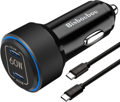 Carregador de carro 60W duplo USB C, carregador tipo C super rápido C - Imagem 1 de 4