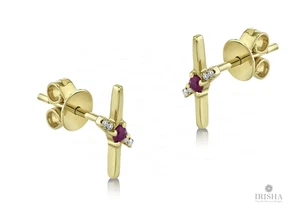 14K Gold Ruby And Diamond Cross Stud Earrings| Gift For You - Picture 1 of 5