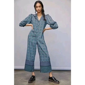 Anthropologie Morgan Geometric Print Waistless Jumpsuit Blue Green Size XS - Picture 1 of 14