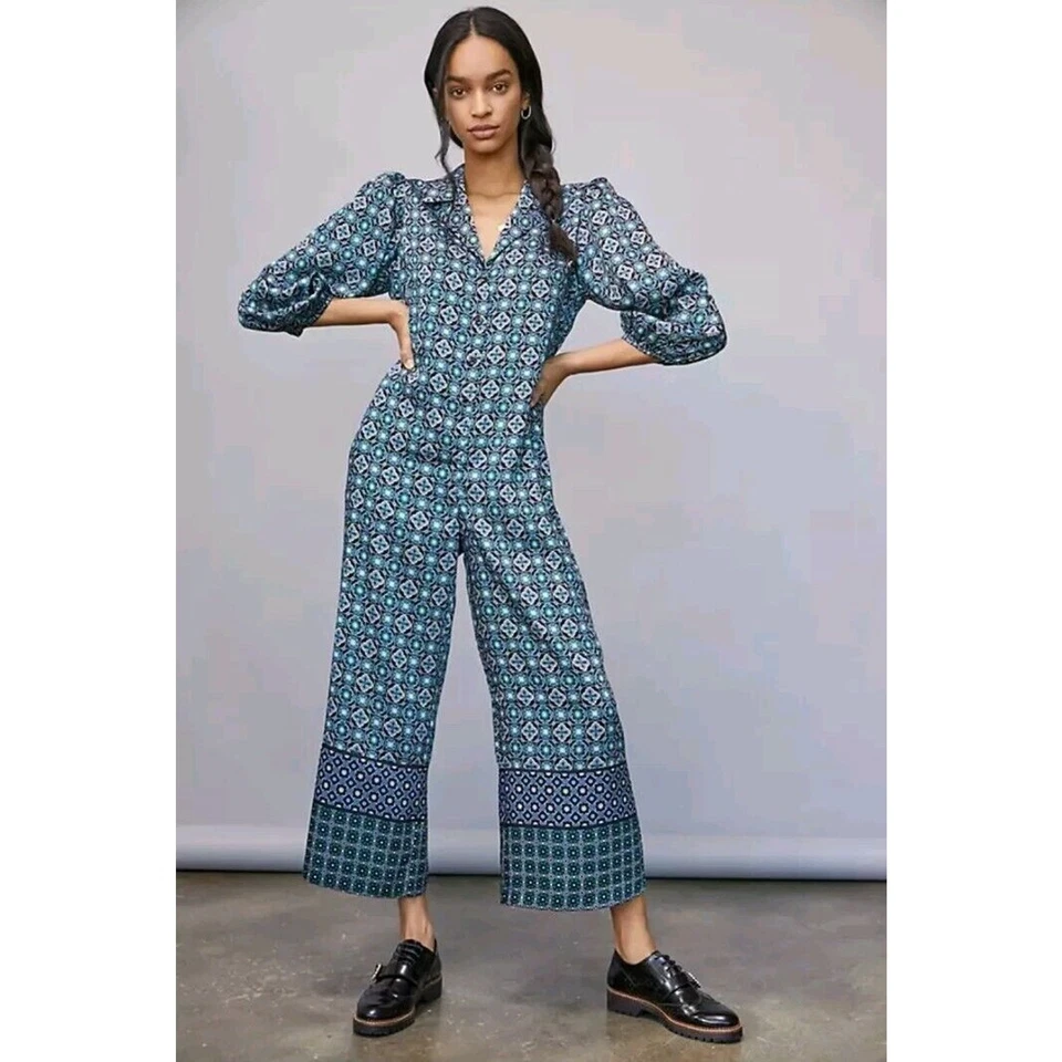 Anthropologie Morgan Geometric Print Waistless Jumpsuit Blue Green Size XS - Image 1 of 4