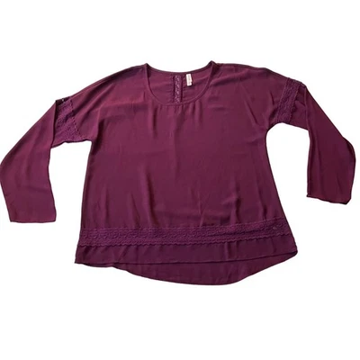 Xhilaration Lace Trim Long Sleeve Scoop neck Blouse Size L Boho Light Chiffon - Image 1 of 4