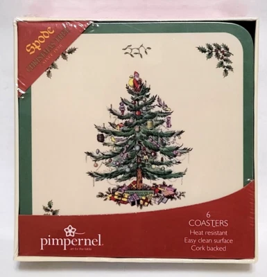 New 6 Spode Christmas Tree Coasters Set Pimpernel Cork Back Square, SEALED !! - Image 1 of 4