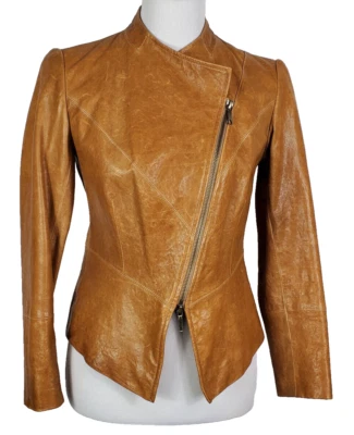 Lafayette 148 New York~Petite 2~Cognac Leather Asymmetrical Zip Jacket Blazer - Image 1 of 4