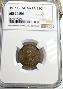1915 Guatemala 25 Centavos, KM# 261, NGC MS 64 - Picture 1 of 5