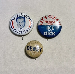 3 SPILLE BOTTONE SPILLA POLITICA VINTAGE, IKE, DEWY E ROCKEFELLER - Foto 1 di 6