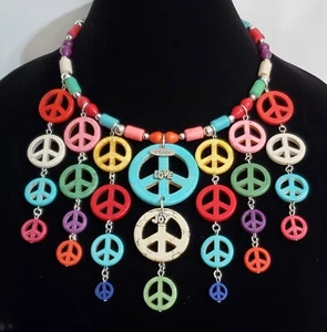 Bunte Türkis Peace Zeichen Latz Halskette Ohrringe Armband Unikat - Bild 1 von 8