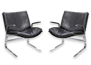 Pair of 70s Elsa & Nordahl Solheim Leather Chrome Pirate Chairs for Rybo Rykken - Picture 1 of 12