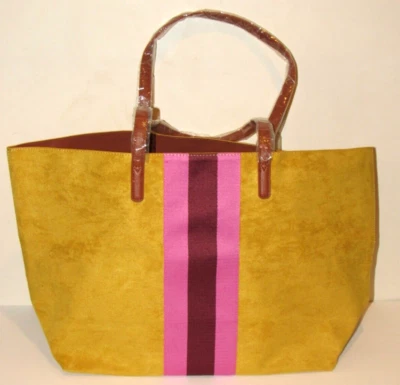 Bolso de Mano Neiman Marcus Terciopelo Amarillo Mostaza Rosa Rayas Forro de Cuero Sintético NUEVO Foto 1 de 4