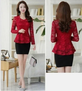 Fashion Lady Sheer Blouse Top Lace Shirt Hollow Out Ruffle Flower Slim Fit Party - Picture 1 of 2