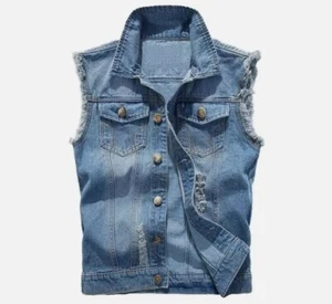 Mens Ripped Denim Vest Sleeveless Trucker Biker Jeans Jacket Waistcoat Gilet UK - Picture 1 of 12