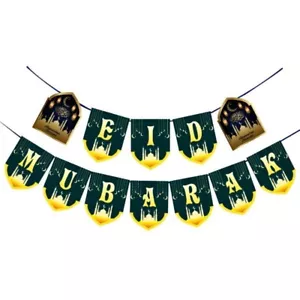 Eid Mubarak Dark Green Banner Ramadan Islamic Party Decoration Bunting Garland - Picture 1 of 2