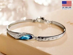 Elegant Women Wrist Chain Crystal Bracelet Ocean Blue Topaz Bangle Cuff 1320 - Picture 1 of 8