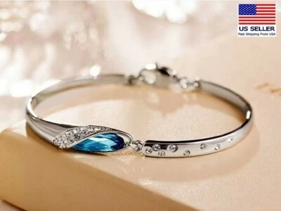 Elegant Women Wrist Chain Crystal Bracelet Ocean Blue Topaz Bangle Cuff 1320 - Image 1 of 4