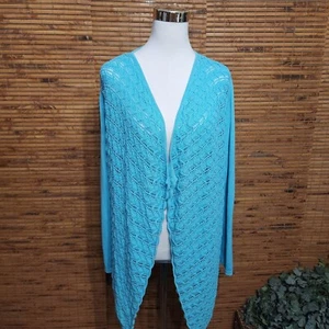 Open Front Pointelle Cardigan Sweater Chico's Size 3 (like an XL) Aqua Blue - Picture 1 of 8
