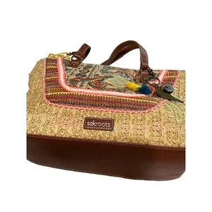 SakRoots Purse Embroidered Owl Raffia Material Tote Shoulder Bag Purse - Picture 1 of 11